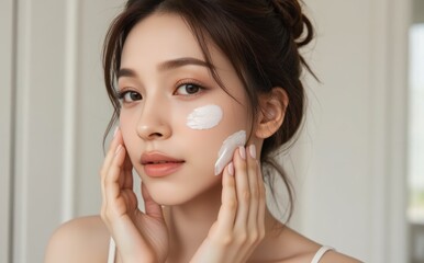 Confident woman with sun-kissed skin poses sensually, touching face with perfect makeup, skincare glow, and stylish messy bun for beauty brands