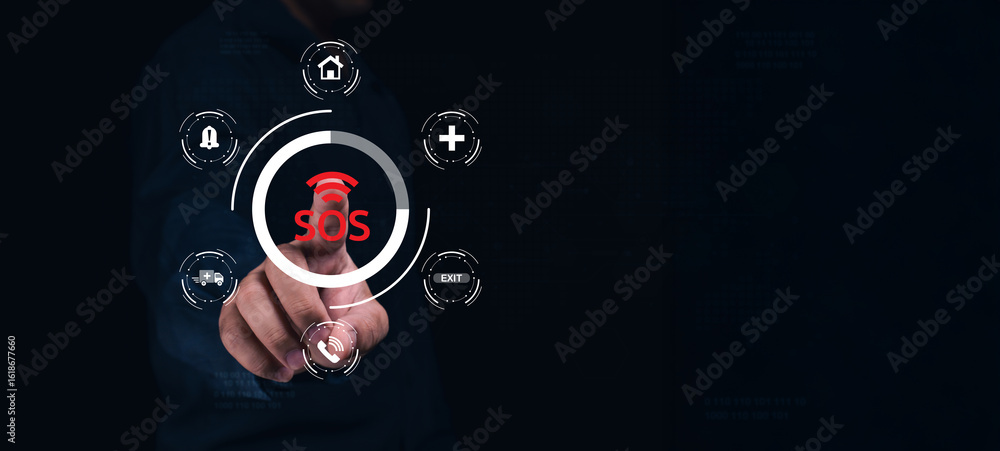 Aufkleber a hand points to an sos signal on a digital interface, emphasizing emergency alert features and tech