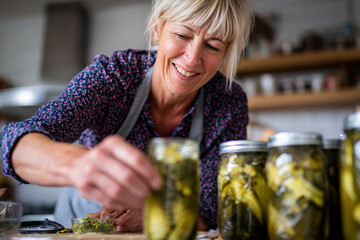 Woman opening her first jar of homemade pickles, proud expression, bright kitchen