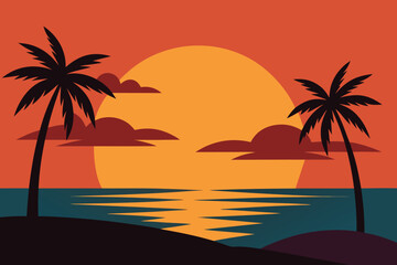 Obraz premium striking silhouette of palm trees against a fiery orange sunset over the calm ocean, creating a serene tropical beach scene vector illustration