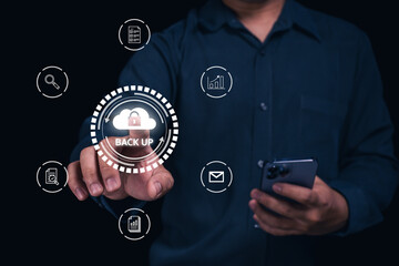 A person interacting with digital icons representing data backup and security, emphasizing...