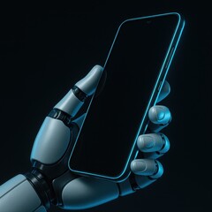  Robotic Hand with Smartphone in Neon Blue Light