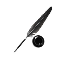 Classic quill pen and inkwell detail with textured feather and dark liquid isolated on transparent background
