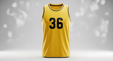 A vibrant yellow basketball jersey with number 36 is displayed against white backdrop.