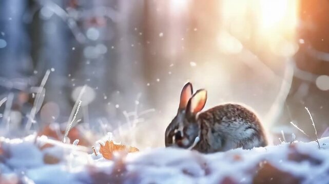 An adorable hare surrounded by the serene beauty of a snowy forest, with a blurred winter wonderland in the background, creating a captivating and charming wildlife scene.