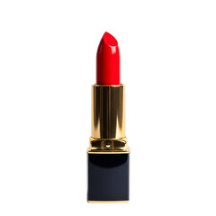 Luxurious classic red lipstick with golden metallic casing and dark blue base isolated on transparent background for beauty and makeup concepts