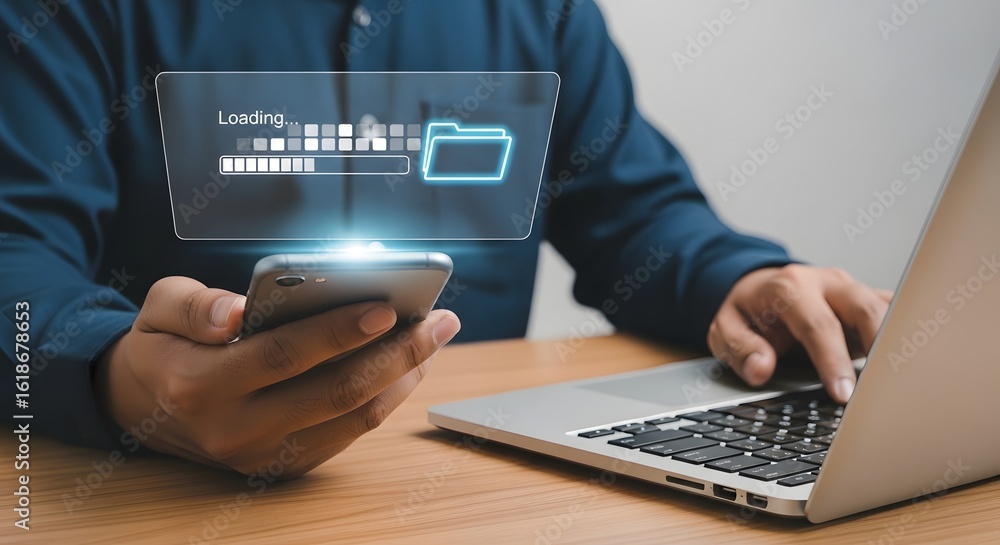 Poster understanding data transfer process between mobile phone and laptop for information sharing