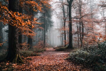 Fototapeta premium Enchanting forest scene in autumn, featuring a path covered with fallen leaves and vibrant orange foliage. A soft morning mist fills the woods, creating a moody and atmospheric landscape. Perfect for 