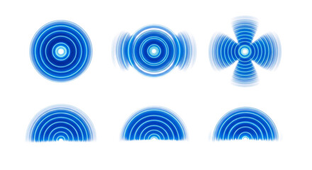 Abstract glowing blue concentric circles and semicircles creating futuristic geometric patterns isolated on transparent background