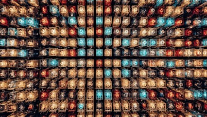 Storage of colorful bowling balls neatly organized in symmetrical rows, top-down view for sports centers, game halls, and recreational venues, vibrant multicolor background with dynamic pattern and e