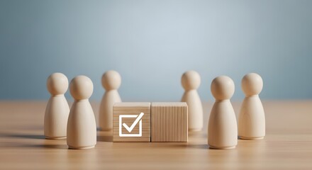 Understanding voting process and election integrity concept with wooden figures and check mark