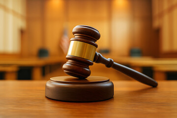 Obraz premium Gavel on Wooden Block Representing Law and Justice in Courtroom Legal Setting