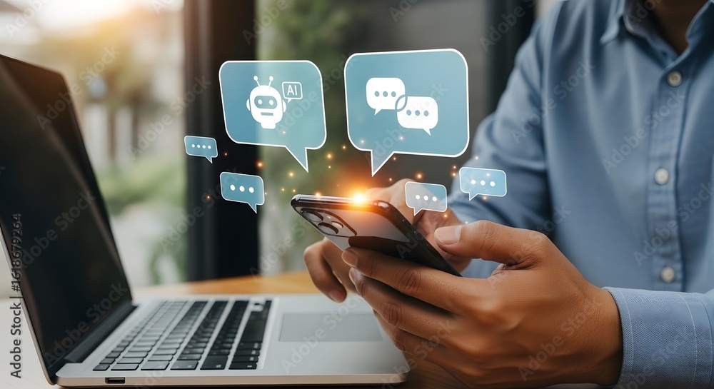 Poster ai chatbot technology concept using smartphone for online virtual assistant communication system