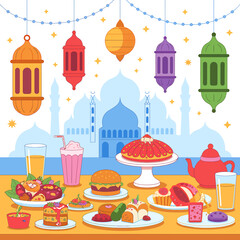 Fototapeta premium Celebration of Ramadan with Traditional Food Sweets and Decorations a Festive Gathering with Mosque Silhouette Background for Cultural Occasions