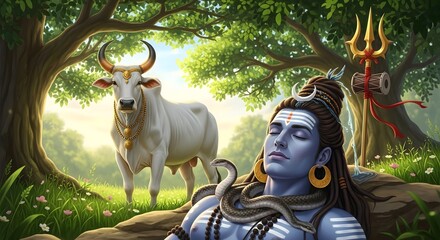 Shiva meditating with nandi bull hindu god mahadev peaceful yoga meditation wallpaper art