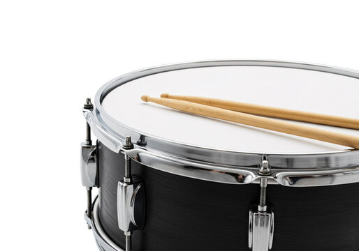 Close up of a black snare drum with wooden drumsticks resting on its white head isolated on transparent background