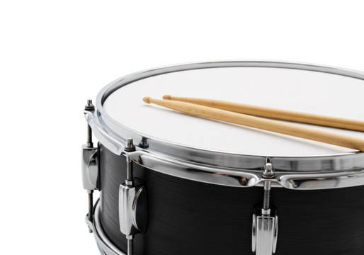 Close up of a black snare drum with wooden drumsticks resting on its white head isolated on transparent background