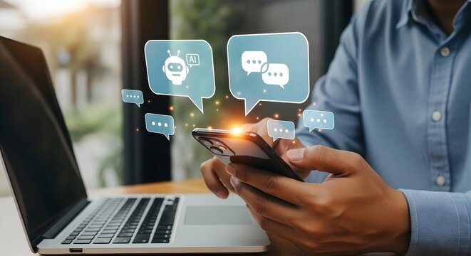 Ai chatbot technology concept using smartphone for online virtual assistant communication system - Powered by Adobe
