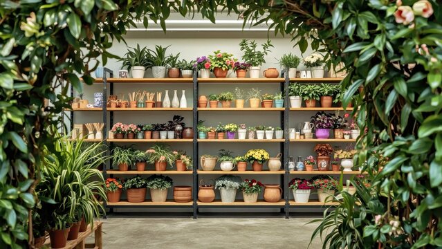 Shelving of diverse potted plants with vibrant flowers and green leaves neatly arranged indoors, perfect for gardening store, home decor, botanical shop, bright natural light, cozy atmosphere, stylis - Powered by Adobe