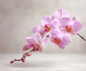 Obraz premium Blooming delicate pink orchid flowers on light background.