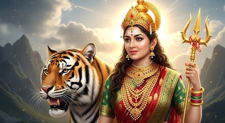 Beautiful durga maa goddess with tiger hinduism navratri puja divine power illustration