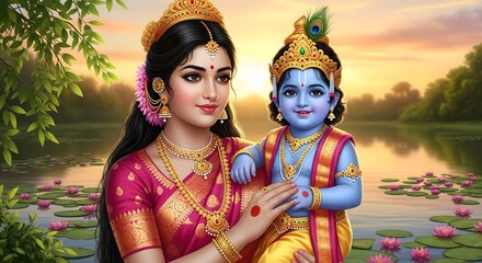 Beautiful krishna and mother yashoda illustration hindu god devotional image wallpaper art