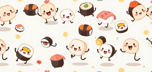 Fototapeta premium Seamless vector pattern of cute cartoon sushi playfully running and jumping, featuring maki, nigiri, and uramaki, textile, uramaki