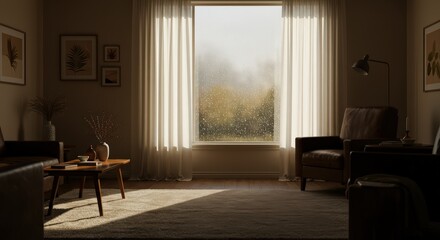 Living room interior with sunlight and rainy day view