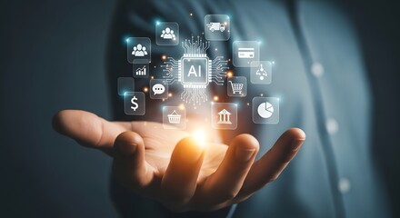 Artificial intelligence ai business technology concept hand holding digital icons data