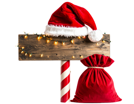 North Pole Signpost with Santa’s Hat and Gift Sack – Isolated PNG - Powered by Adobe