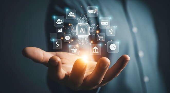 Artificial intelligence ai business technology concept hand holding digital icons data