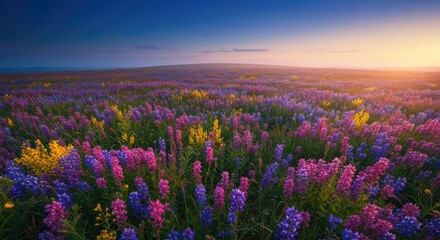 Obraz premium Vibrant Field of Lupine Flowers Under Sunset Sky