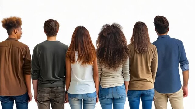 A group of people standing in a row facing the same direction