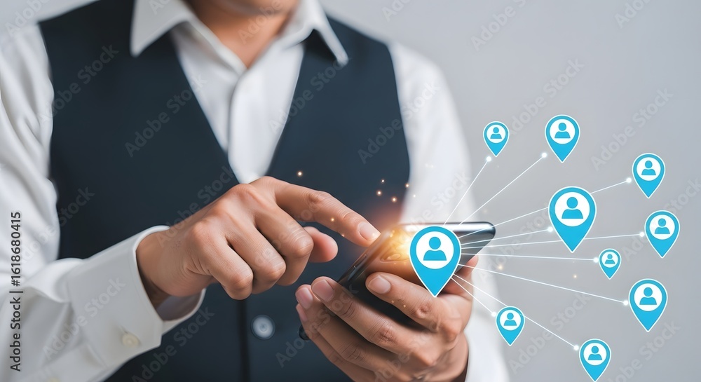 Poster business man using location based service app on smartphone for marketing and networking
