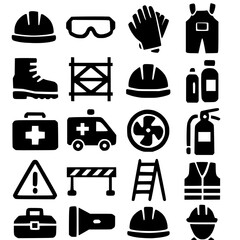 Black icons vectors of safety hat, safety goggles, safety gloves, overalls, work boots, scaffolding, hard hat, bottles, first aid kit, emergency vehicle, fan, fire extinguisher, warning sign, caution 
