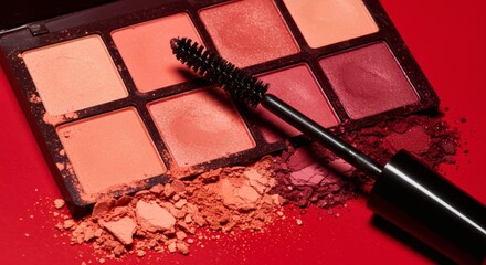 Makeup Palette with Mascara Brush on Red Background