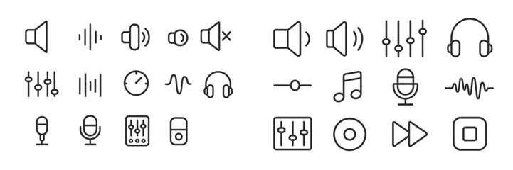 Sound and music icons collection featuring speakers, headsets, and audio control elements in a minimalistic design
