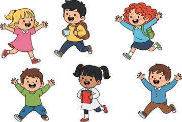 PrintJoyful children running and playing, diverse kids with backpacks and books, happy childhood moments, school fun, education, and friendship