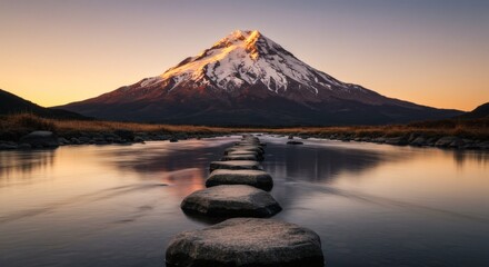 Mountain Landscape at Sunset with Stone Path and River Reflection