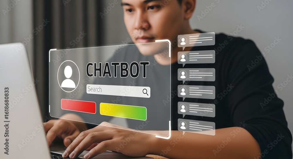 Poster chatbot ai assistant concept man using laptop for ai chatbot communication technology support