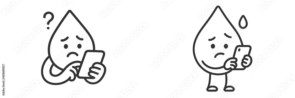 Poster sad water droplet character looking at a smartphone while expressing concern in simplistic cartoon d