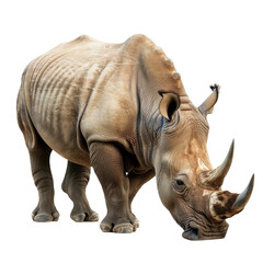 Obraz premium A rhinoceros, light brownish-gray, stands facing forward, head down. Visible detail shows its wrinkled skin and horn. Isolated on black background