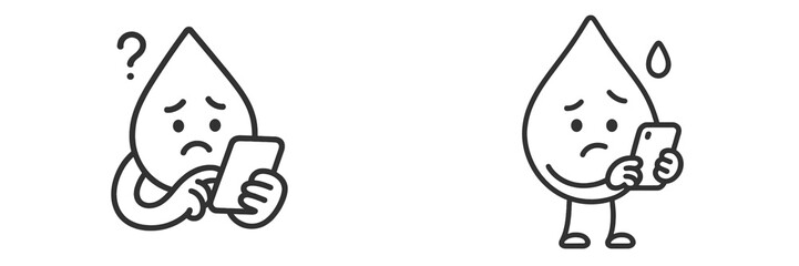 Sad water droplet character looking at a smartphone while expressing concern in simplistic cartoon design