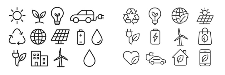 Collection of eco-friendly symbols illustrating renewable energy, sustainability, and environmental awareness