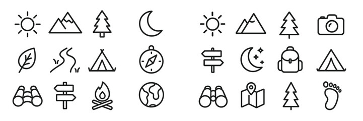 Nature icons showcasing outdoor elements like mountains, trees, suns, and camping gear are ideal for travel enthusiasts and adventure activities