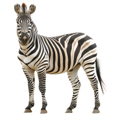 Full shot of a zebra, standing, facing forward.  Distinct black and white stripes cover its body, legs, and head.  Animal appears healthy and alert