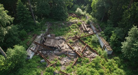 Obraz premium Aerial View of Decayed Structure in Lush Green Forest