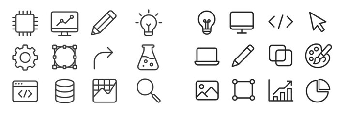 Collection of minimalistic technology and design icons representing software, data analysis, and creativity in digital workspaces