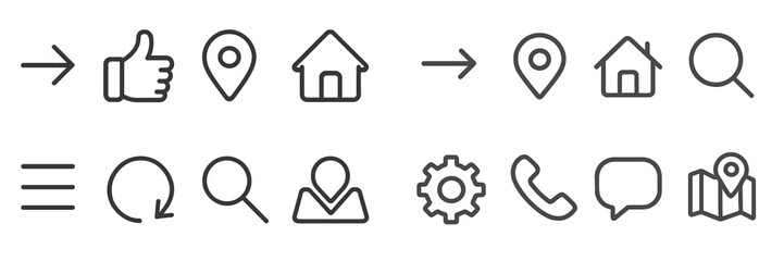 Icons representing different digital actions and locations in a minimalistic style suitable for user interface design