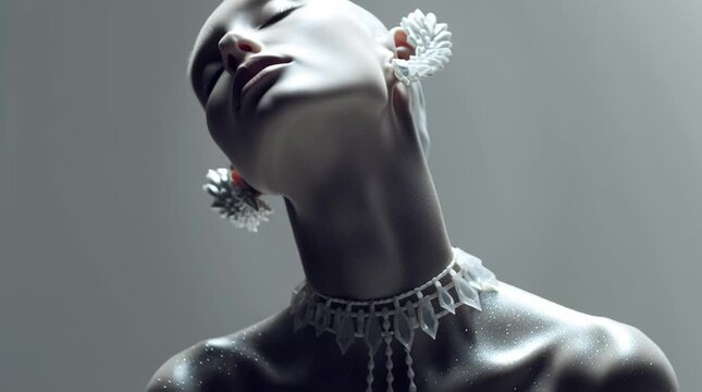 androgynous celestial portrait with radiant porcelain skin sculptural features futuristic jewelry soft rim light ethereal side profile minimal studio gradient background